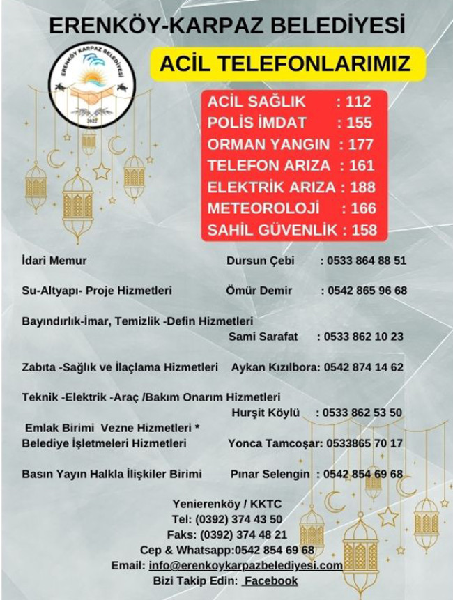 BAYRAM İÇİN ACİL NUMARALARIMIZ