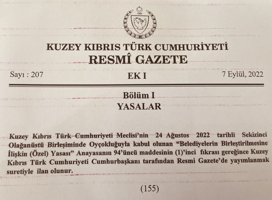 Sayı: 15/2022 BELEDİYELERİN BİRLEŞTİRİLMESİNE İLİŞKİN (ÖZEL) YASA 28/2022 sayılı değişiklik Yasasıyla değiştirilmiş şekliyle