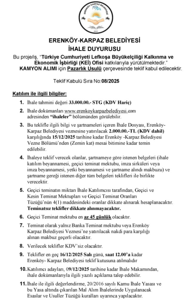 Kamyon Alımı İhalesi