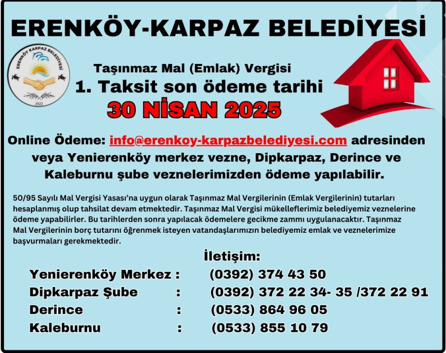 Taşınmaz Mal Vergisi 1. Taksit son ödeneme tarihi: 30 Nisan 2025